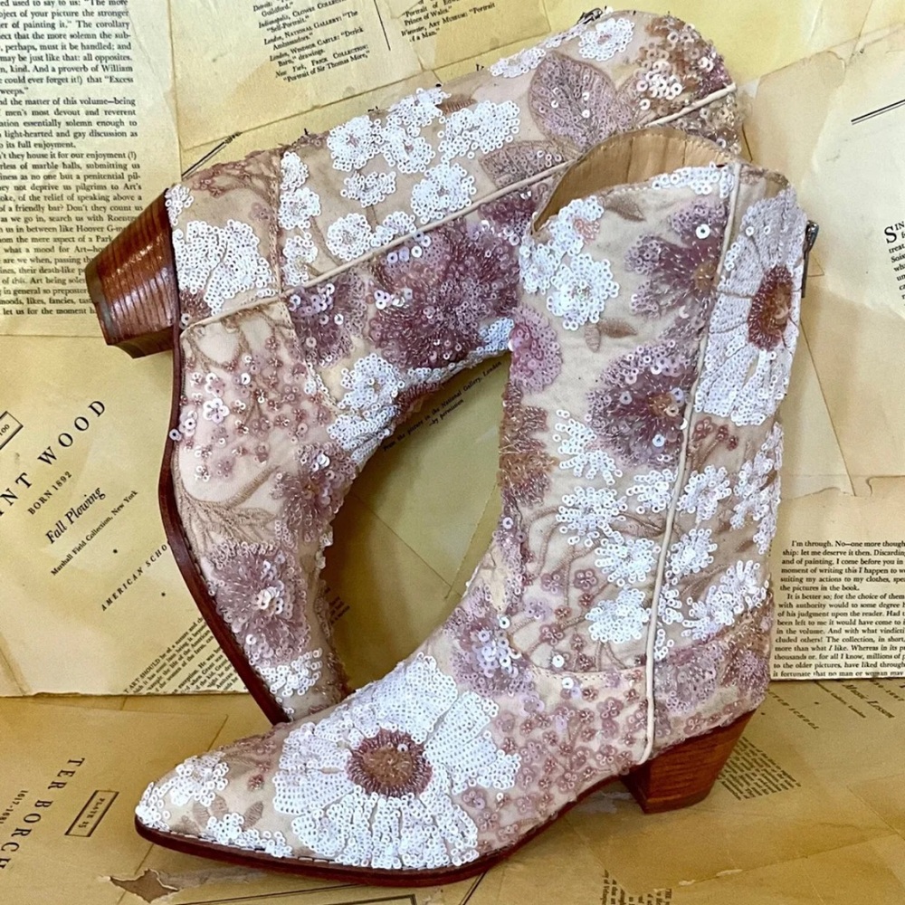 Free People MOMO Selina Embellished Boot Floral Sequin Cream Nude Zip - Picture 2 of 10